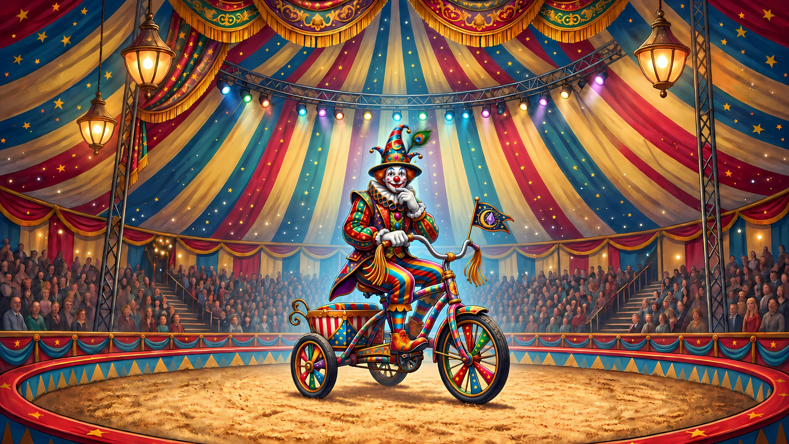 The Great Bozo-Damus riding a tricycle inside a mystical circus tent