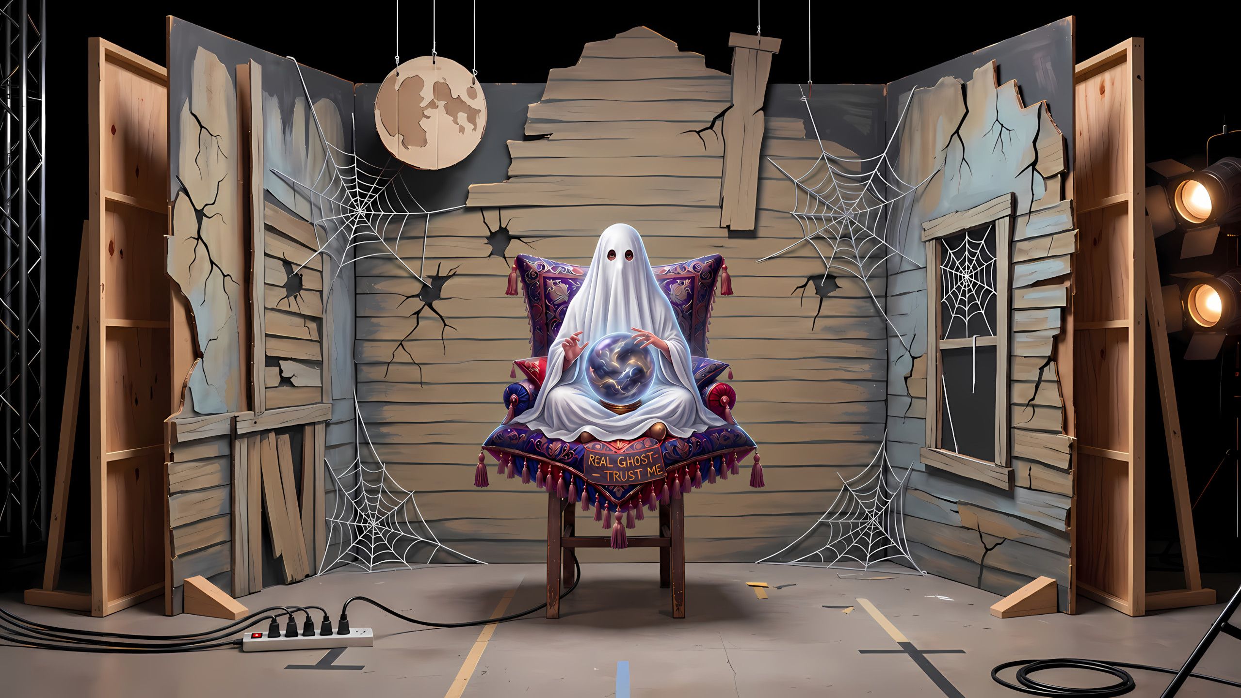 The Unverified Spirit consulting a crystal ball on a theatrical haunted-house set