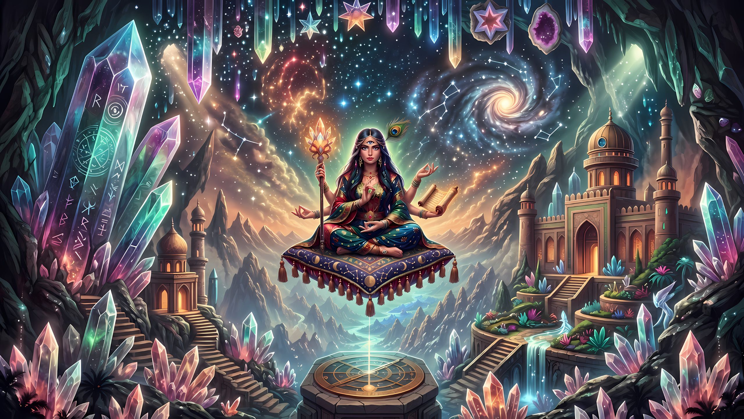 Iris the All-Seeing seated in a crystal cavern with her third eye open, variant 1
